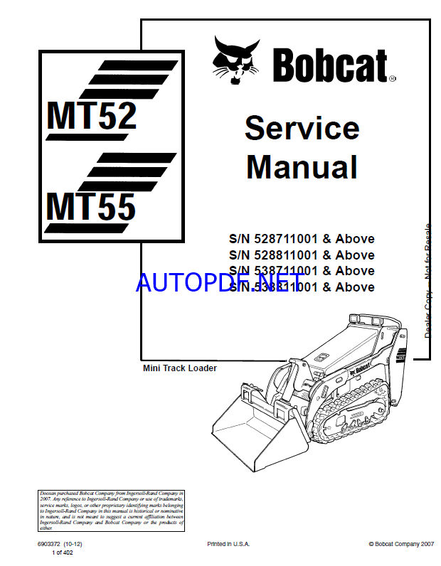 Bobcat MT52 Loader Mini Track Service Manual (6903372) (SN 528711001-528799999)