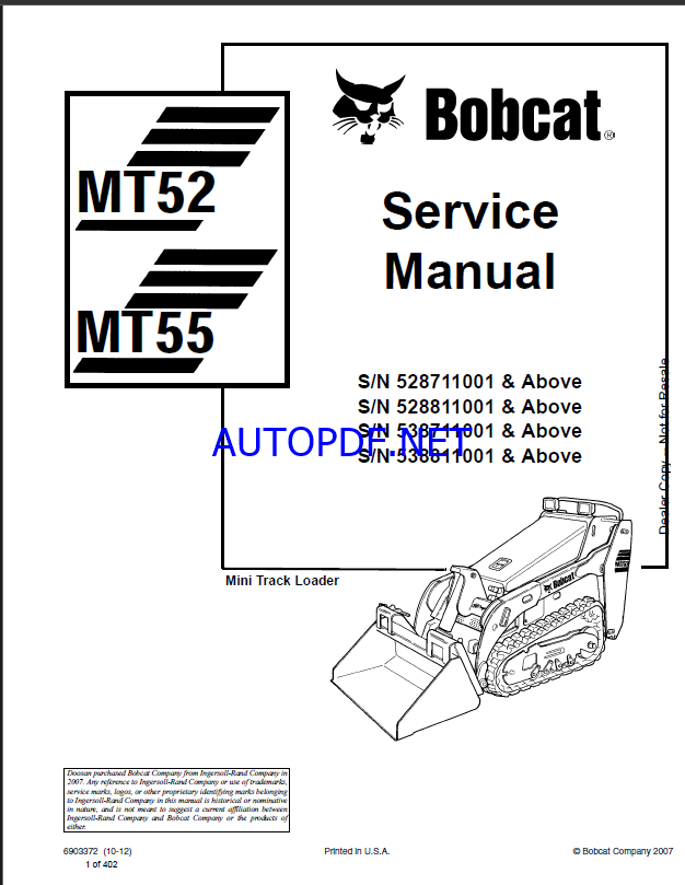 Bobcat MT52 Loader Mini Track Service Manual (6903372) (SN 528811001-528899999)