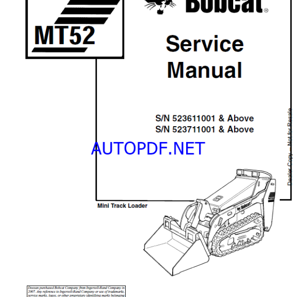 Bobcat MT52 Loader Mini Track Service Manual (6902525) (SN 523611001-523699999)