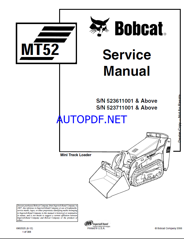 Bobcat MT52 Loader Mini Track Service Manual (6902525) (SN 523611001-523699999)