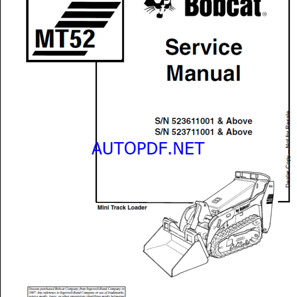 Bobcat MT52 Loader Mini Track Service Manual (6902525) (SN 523711001-523799999)