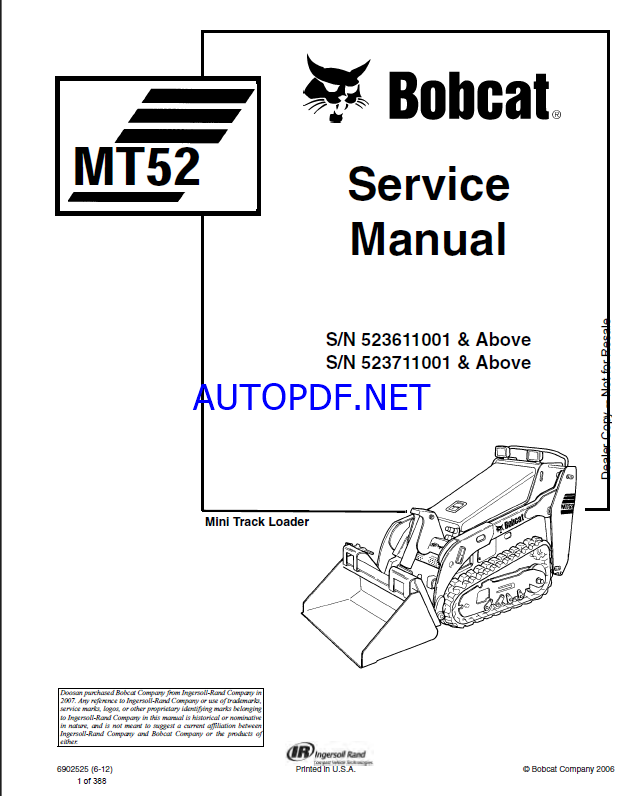 Bobcat MT52 Loader Mini Track Service Manual (6902525) (SN 523711001-523799999)
