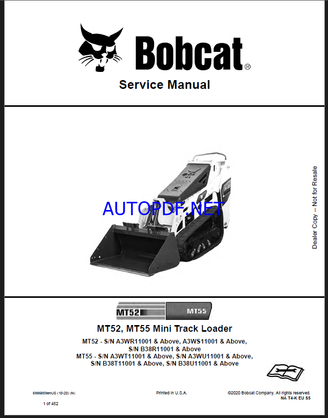 Bobcat MT52 Loader Mini Track Service Manual (6986859) (SN A3WS11001-A3WS99999)