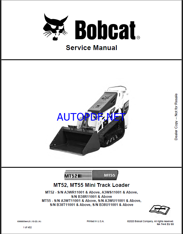 Bobcat MT52 Loader Mini Track Service Manual (6986859) (SN B38R11001-B38R99999)
