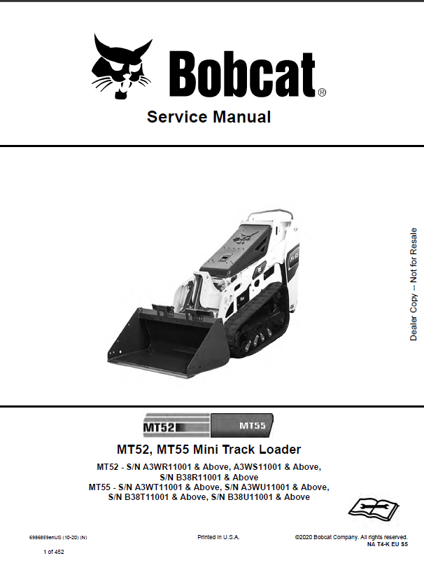 Bobcat MT55 Loader Mini Track Service Manual (6986859) (SN A3WU11001-A3WU99999)