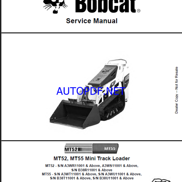 Bobcat MT55 Loader Mini Track Service Manual (6986859) (SN B38U11001-B38U99999)