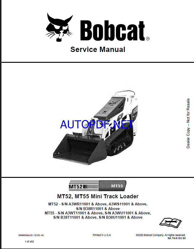Bobcat MT55 Loader Mini Track Service Manual (6986859) (SN B38U11001-B38U99999)