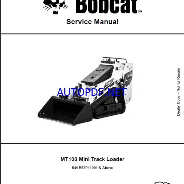 Bobcat MT100 Loader Mini Track Service Manual (7408142) (SN B52P11001-B52P99999)