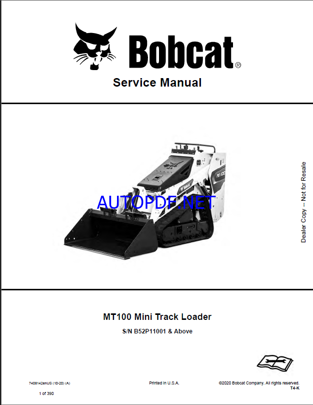 Bobcat MT100 Loader Mini Track Service Manual (7408142) (SN B52P11001-B52P99999)