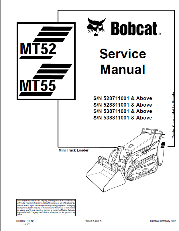 Bobcat MT55 Loader Mini Track Service Manual (6903372) (SN 538711001-538799999)