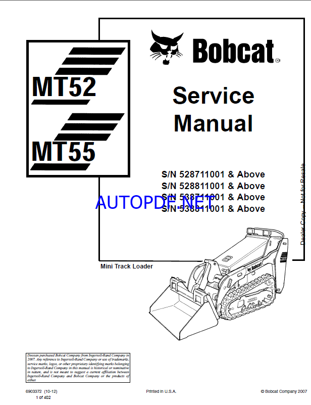 Bobcat MT55 Loader Mini Track Service Manual (6903372) (SN 538811001-538899999)
