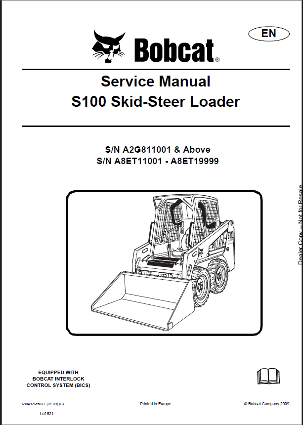 Bobcat S100 Loader Service Manual (6904926) (SN A2G811001-A2G899999)