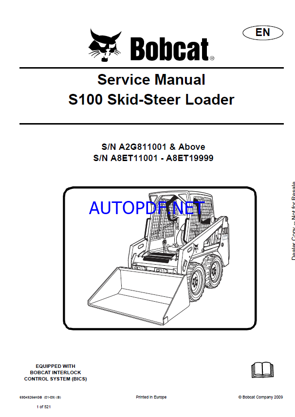 Bobcat S100 Loader Service Manual (6904926) (SN A8ET11001-A8ET19999