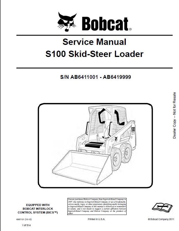 Bobcat S100 Loader Service Manual (6987131) (SN AB6411001-AB6419999)