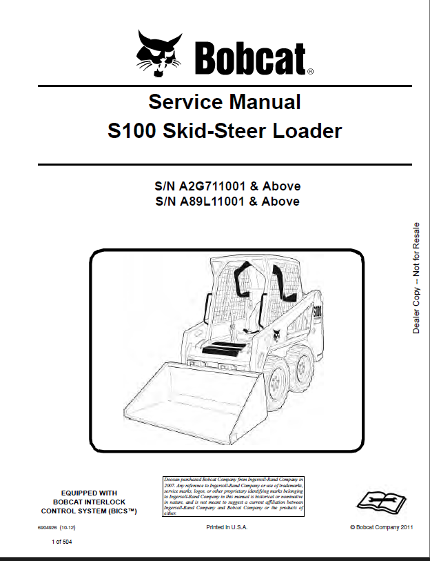 Bobcat S100 Loader Service Manual (6904926) (SN A2G711001-A2G799999)