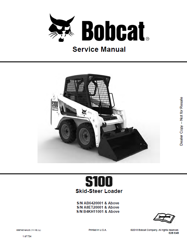 Bobcat S100 Loader Service Manual (6987401) (SN A8ET20001-A8ET99999)