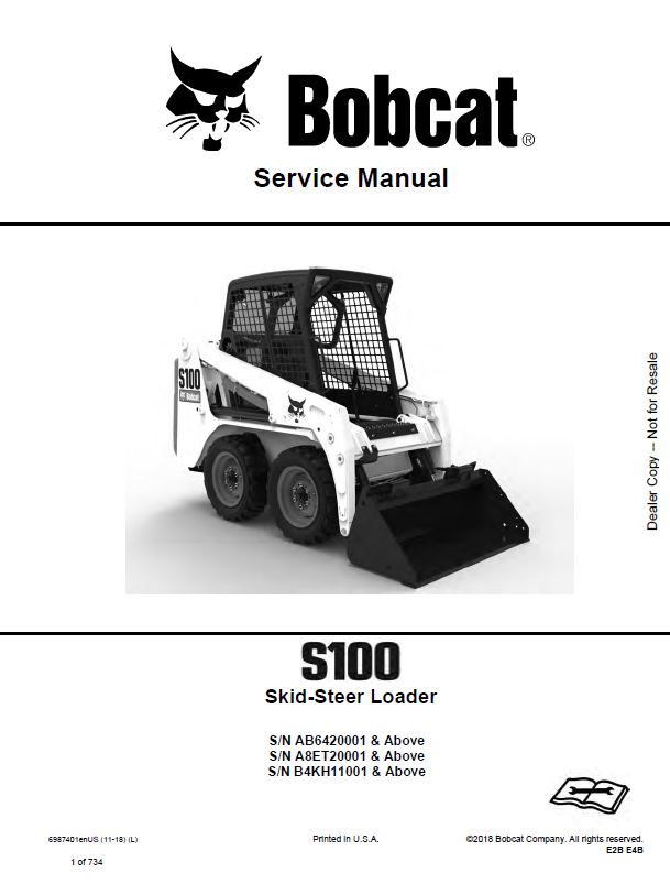 Bobcat S100 Loader Service Manual (6987401) (SN AB6420001-AB6499999)