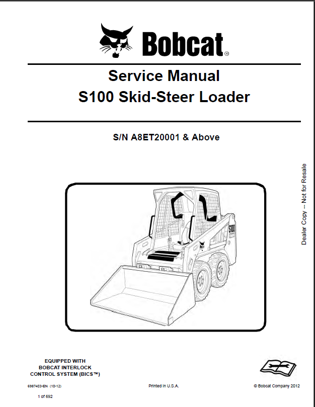 Bobcat S100 Loader Service Manual (6987403) (SN A8ET20001-A8ET99999)