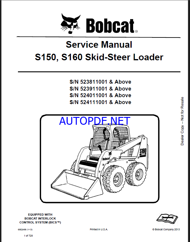 Bobcat S150 Loader Service Manual (6902498) (SN 523911001-523999999)