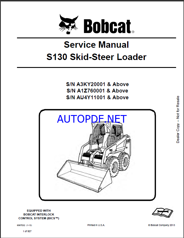 Bobcat S130 Loader Service Manual (6987032) (SN A1Z760001-A1Z799999)