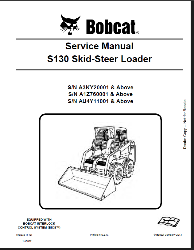 Bobcat S130 Loader Service Manual (6987032) (SN A3KY20001-A3KY99999)