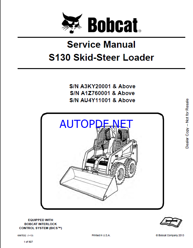 Bobcat S130 Loader Service Manual (6987032) (SN AU4Y11001-AU4Y99999)