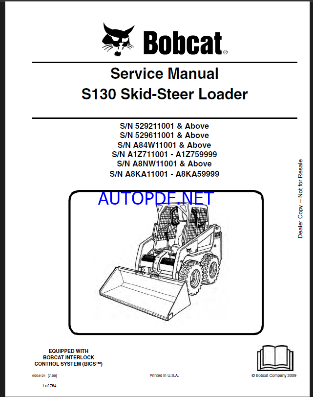 Bobcat S130 Loader Service Manual (6904121) (SN A8NW11001-A8NW99999)