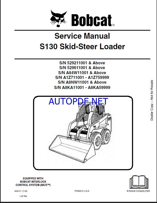 Bobcat S130 Loader Service Manual (6904121) (SN A84W11001-A84W99999)