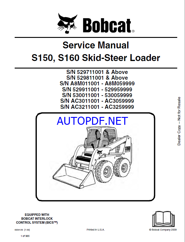Bobcat S160 Loader Service Manual (6904126) (SN AC3211001-AC3259999)