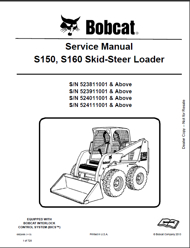 Bobcat S160 Loader Service Manual (6902498) (SN 524011001-524099999)
