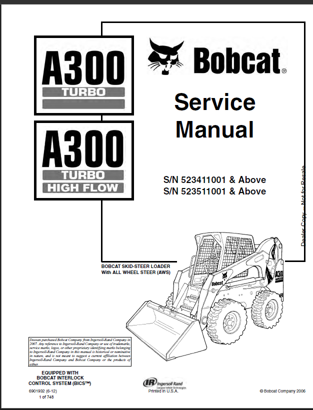 Bobcat A300 Loader Service Manual (6901932) (SN 523511001-523599999)