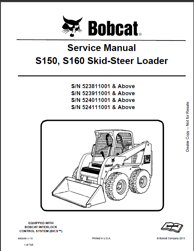 Bobcat S160 Loader Service Manual (6902498) (SN 524111001-524199999)