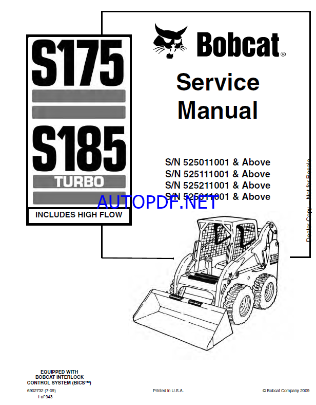 Bobcat S175 Loader Service Manual (6902732) (SN 525211001-525299999)