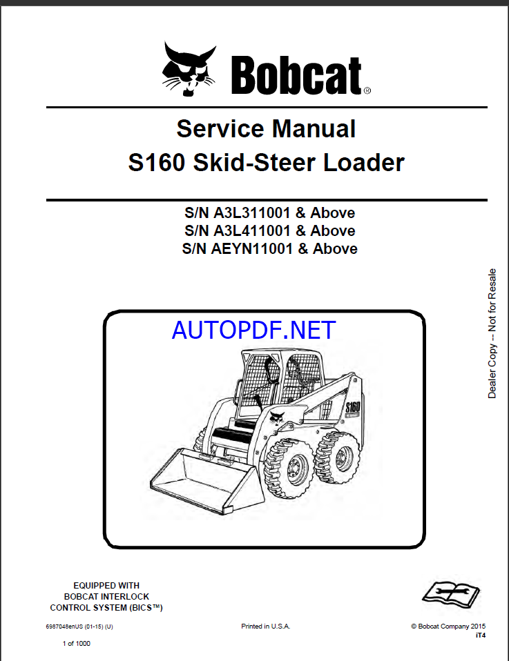Bobcat S160 Loader Service Manual (6987048) (SN AEYN11001-AEYN99999)