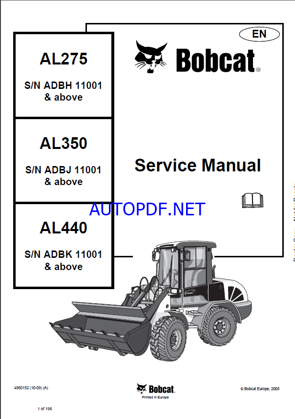 Bobcat AL440 Loader Articulated Service Manual (4950152) (SN ADBK11001-ADBK99999)