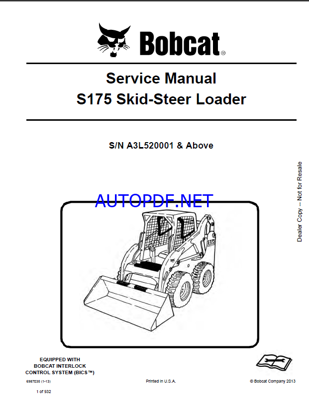 Bobcat S175 Loader Service Manual (6987035) (SN A3L520001-A3L599999)