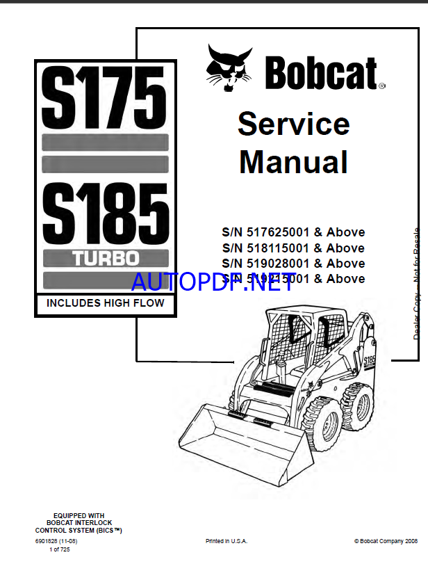 Bobcat S175 Loader Service Manual (6901828) (SN 517625001-517699999)
