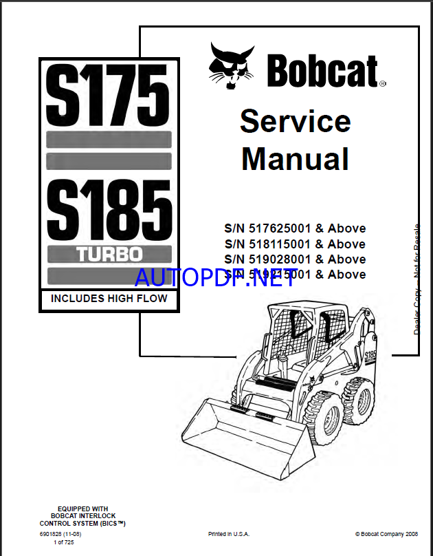 Bobcat S175 Loader Service Manual (6901828) (SN 518115001-518199999)