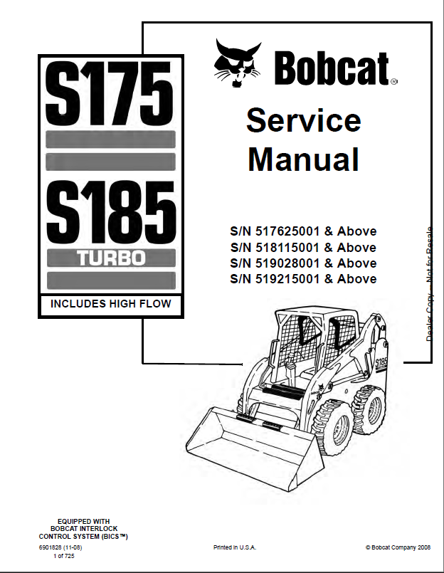 Bobcat S185 Loader Service Manual (6901828) (SN 519028001-519099999)