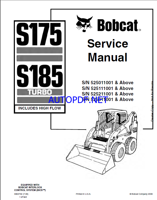 Bobcat S185 Loader Service Manual (6902732) (SN 525011001-525099999)