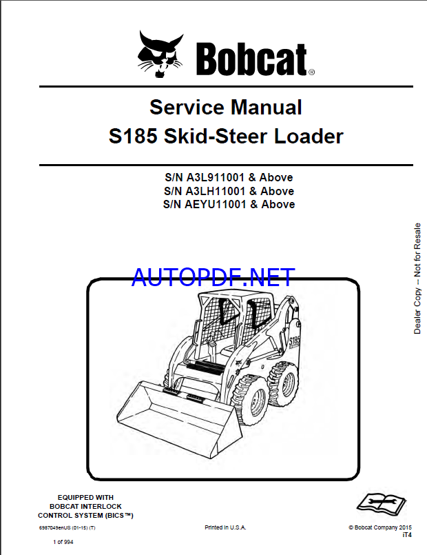 Bobcat S185 Loader Service Manual (6987049) (SN A3L911001-A3L999999)