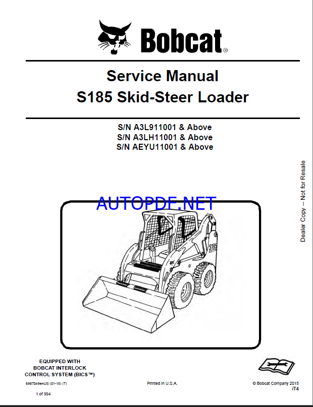Bobcat S185 Loader Service Manual (6987049) (SN A3LH11001-A3LH99999)