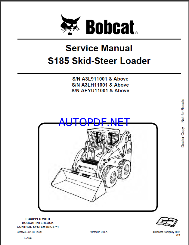 Bobcat S185 Loader Service Manual (6987049) (SN AEYU11001-AEYU99999)