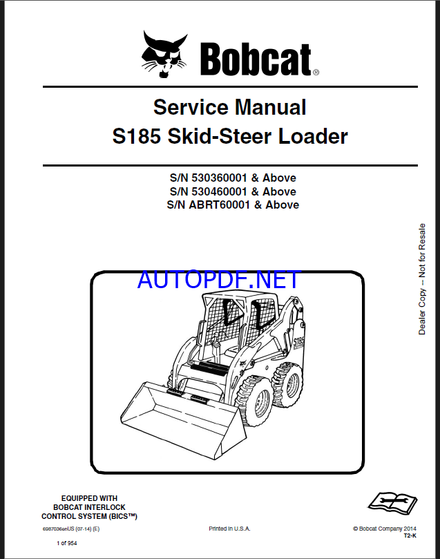 Bobcat S185 Loader Service Manual (6987036) (SN 530360001-530399999)
