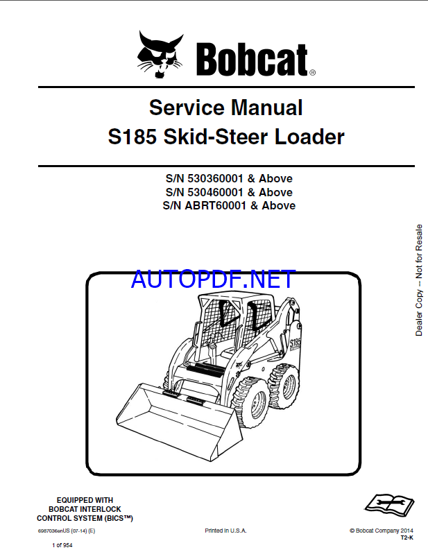 Bobcat S185 Loader Service Manual (6987036) (SN 530460001-530499999)