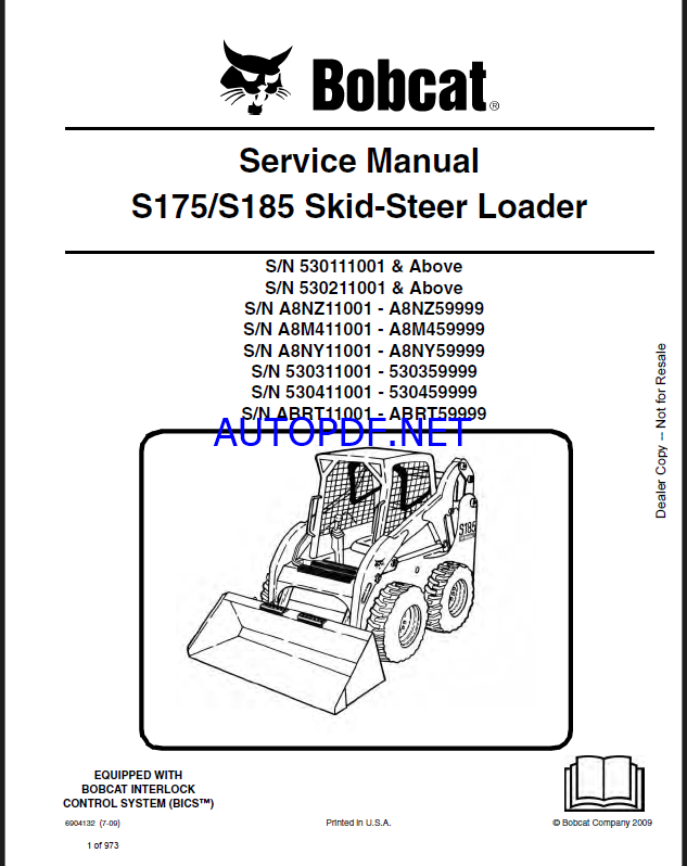 Bobcat S185 Loader Service Manual (6904132) (SN 530311001-530359999)