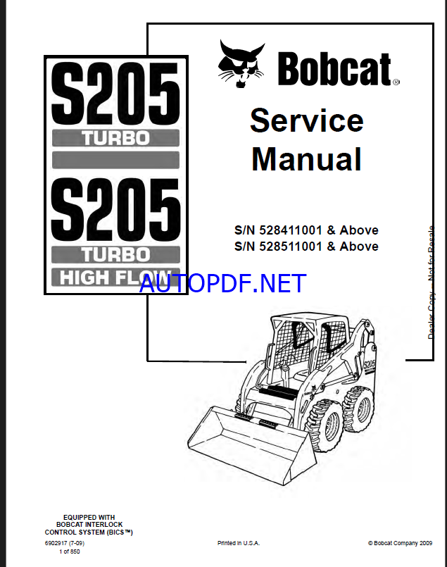 Bobcat S205 Loader Service Manual (6902917) (SN 528411001-528499999)