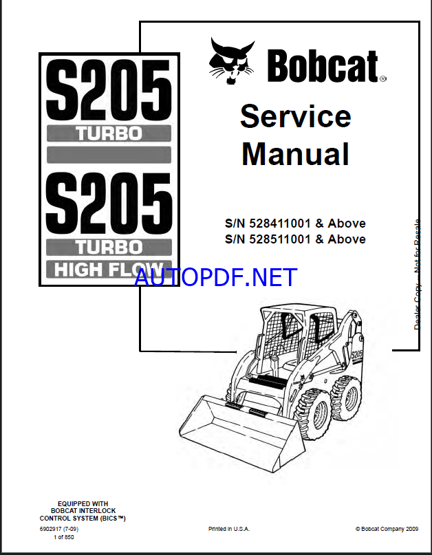 Bobcat S205 Loader Service Manual (6902917) (SN 528511001-528599999)