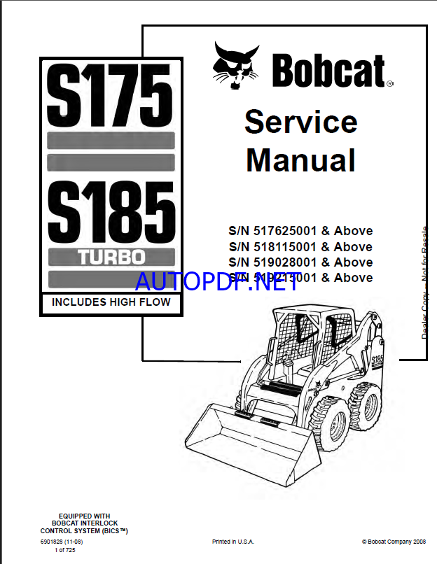 Bobcat S185 Loader Service Manual (6901828) (SN 519215001-519299999)