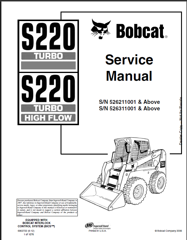 Bobcat S220 Loader Service Manual (6902722) (SN 526211001-526299999)